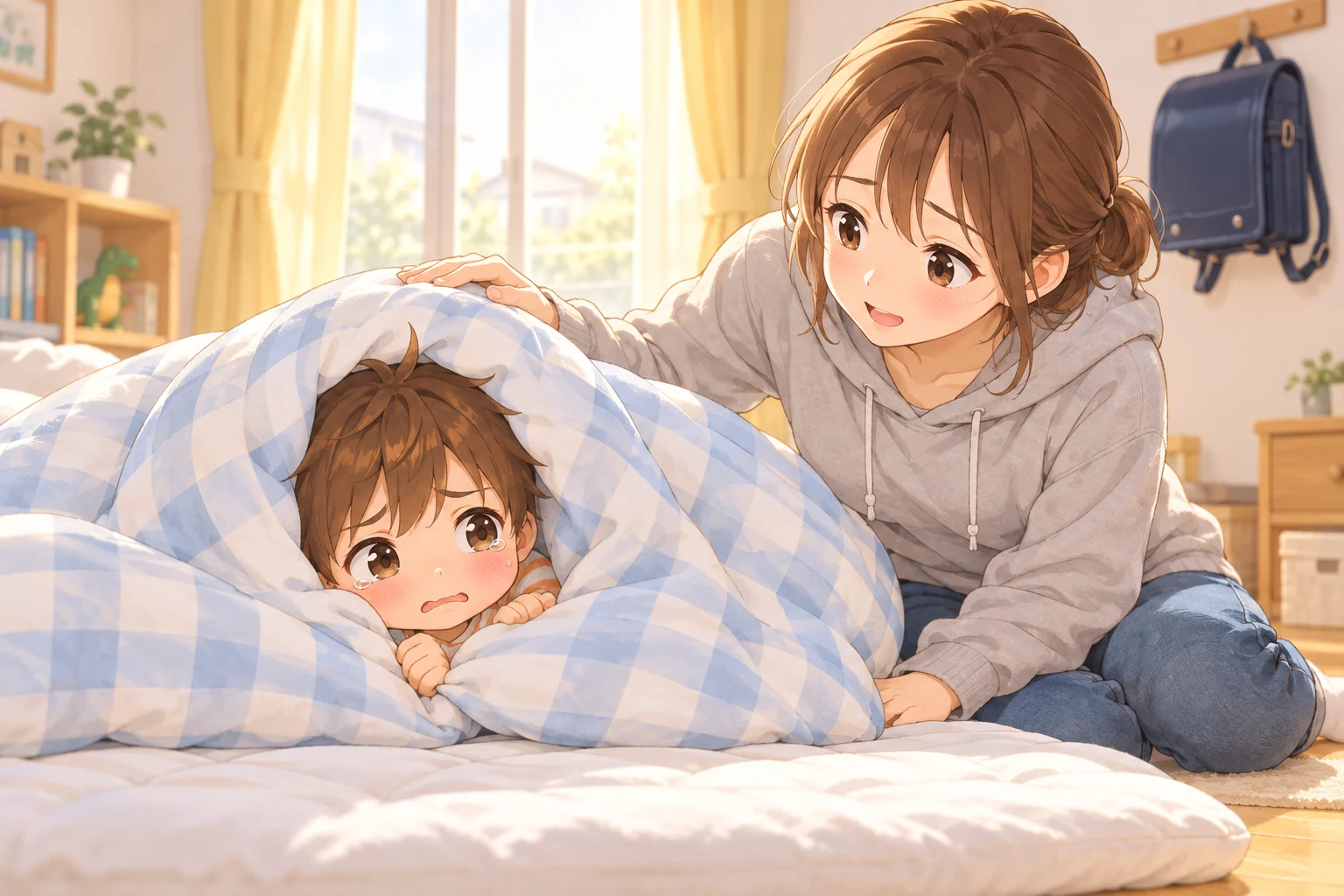 布団にもぐって半泣きの男の子に、母親がそっと声をかける