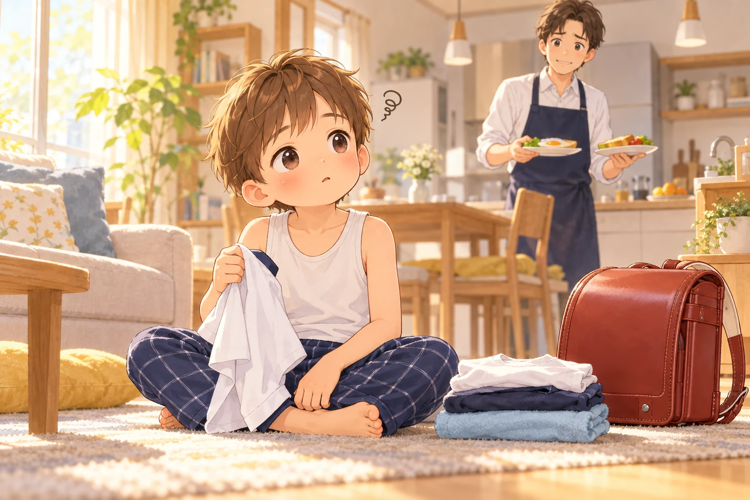 パジャマのまま服を持ってぼんやりする男の子と、困った顔で見守る父親