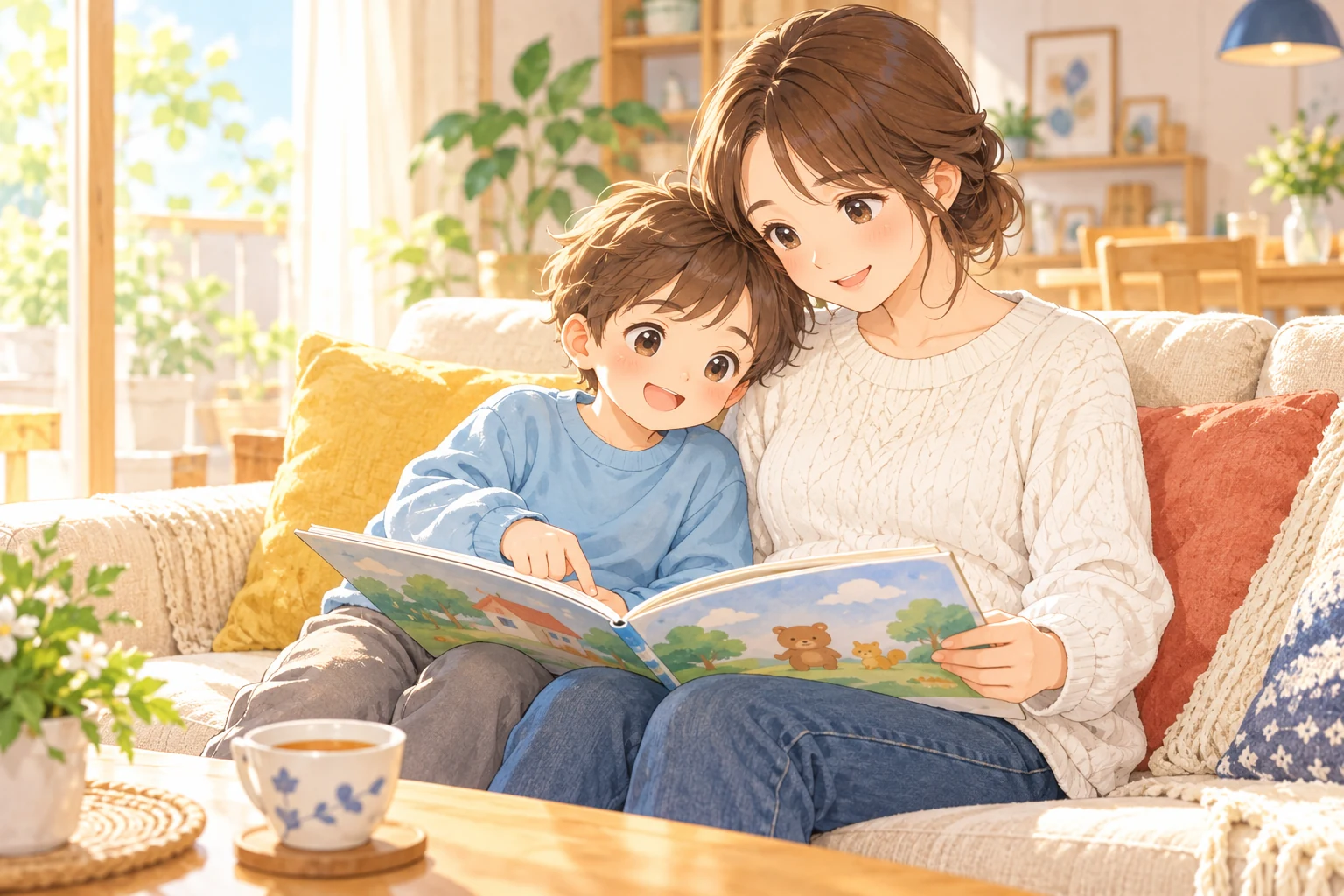 休んだ日のリビングで、男の子が母親にもたれて一緒に絵本を見る