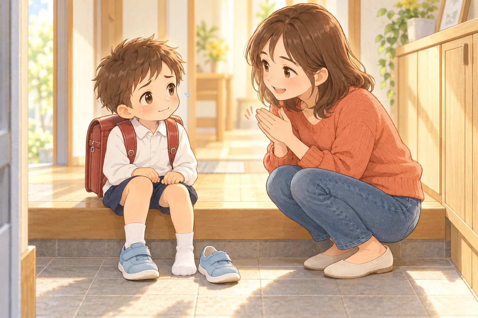玄関で靴を片方はいた男の子に、母親がしゃがんで笑顔で拍手する