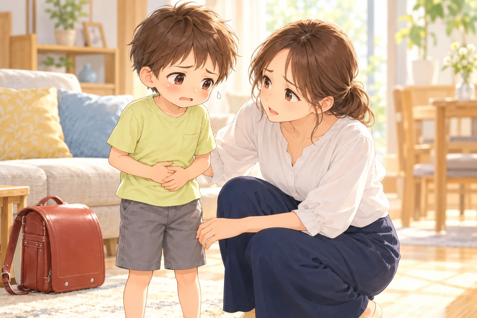 お腹を押さえて元気のない男の子の背中に、母親がそっと手を当てる
