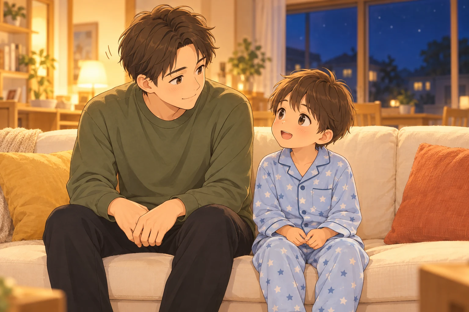 夜のソファで、父親が男の子の話をうなずきながら聞いている
