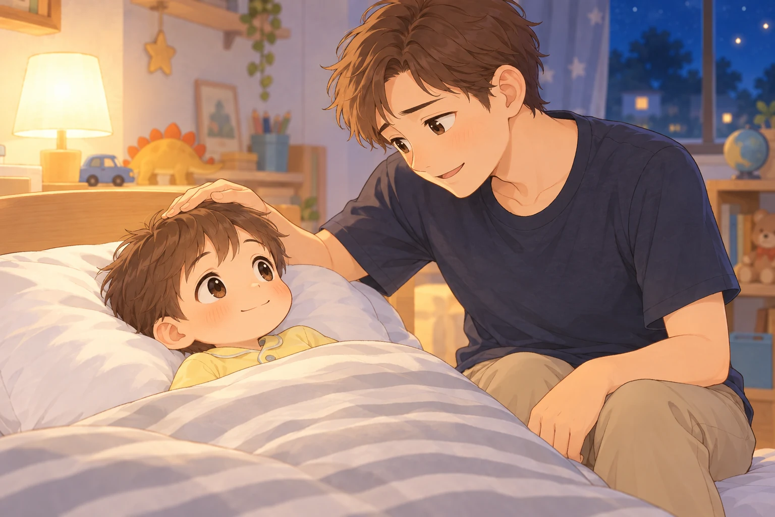 寝る前の布団の横で、父親が男の子の頭をなでながら声をかける