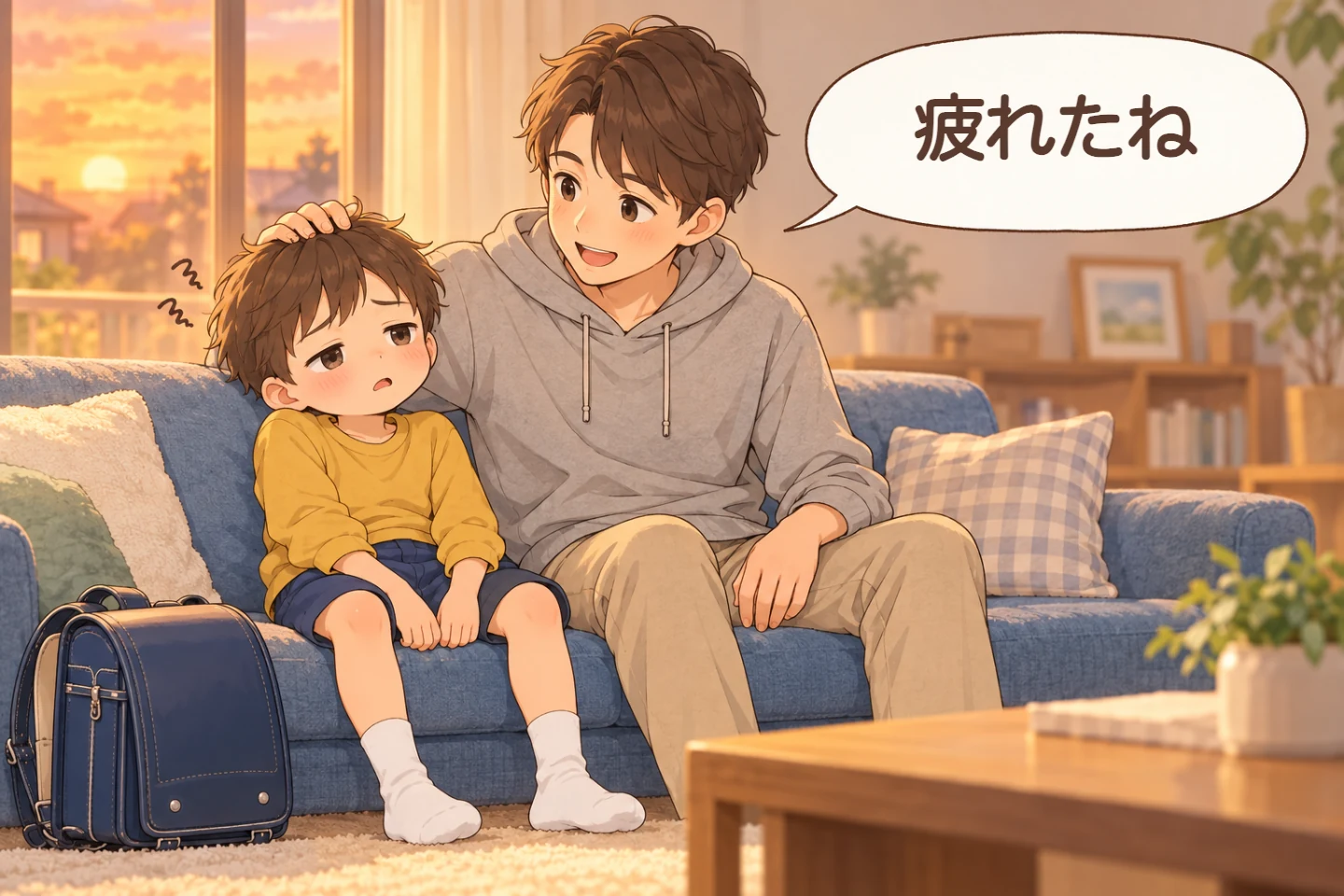 学校から帰ってぐったりする子に、父親が「疲れたね」と声をかける場面