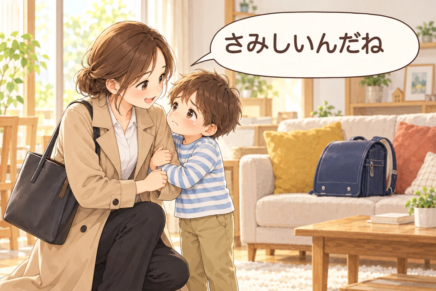 出かける前のママにしがみつく子に「さみしいんだね」と声をかける場面