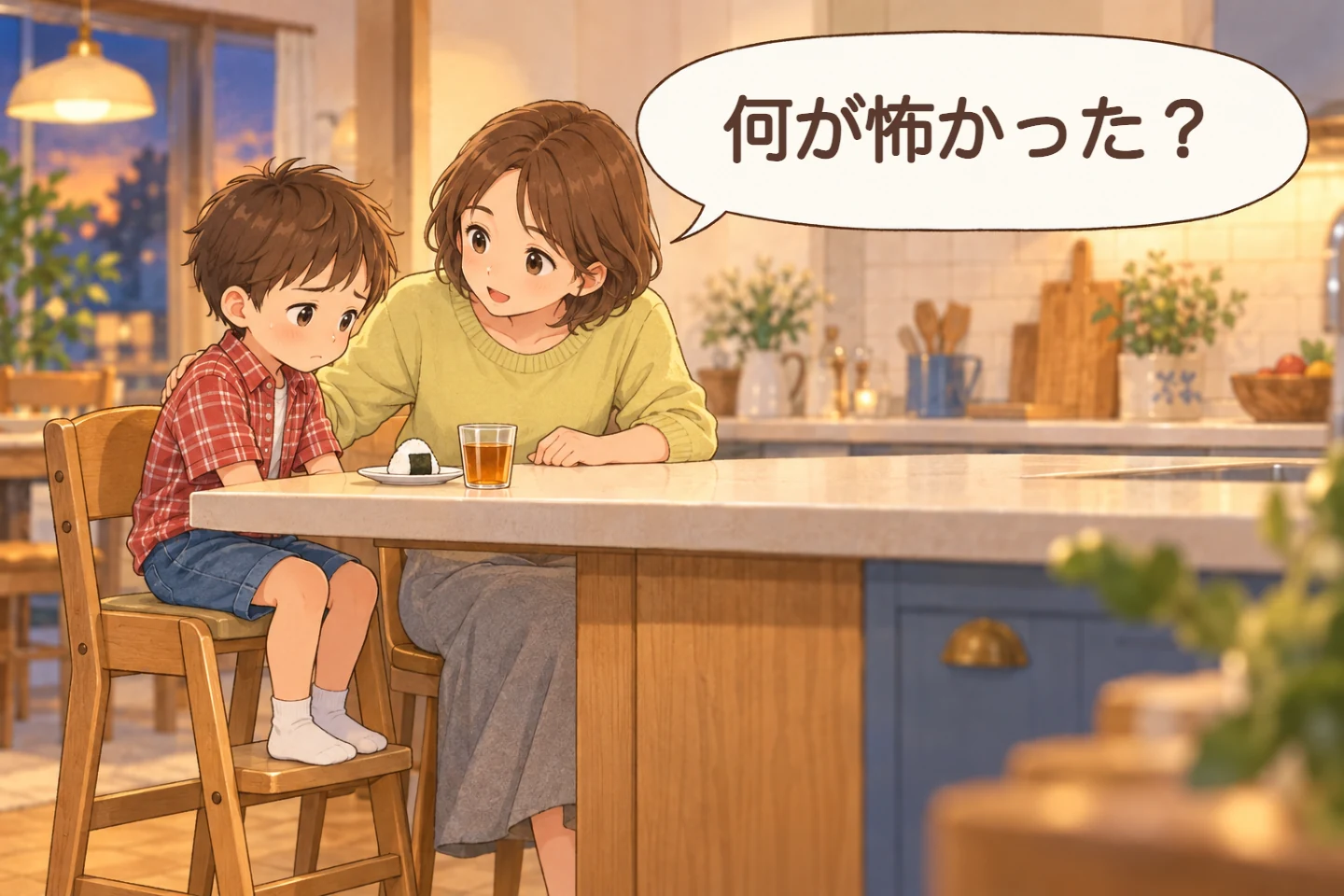 おやつの前でうつむく子に、母親が「何が怖かった?」と聞く場面