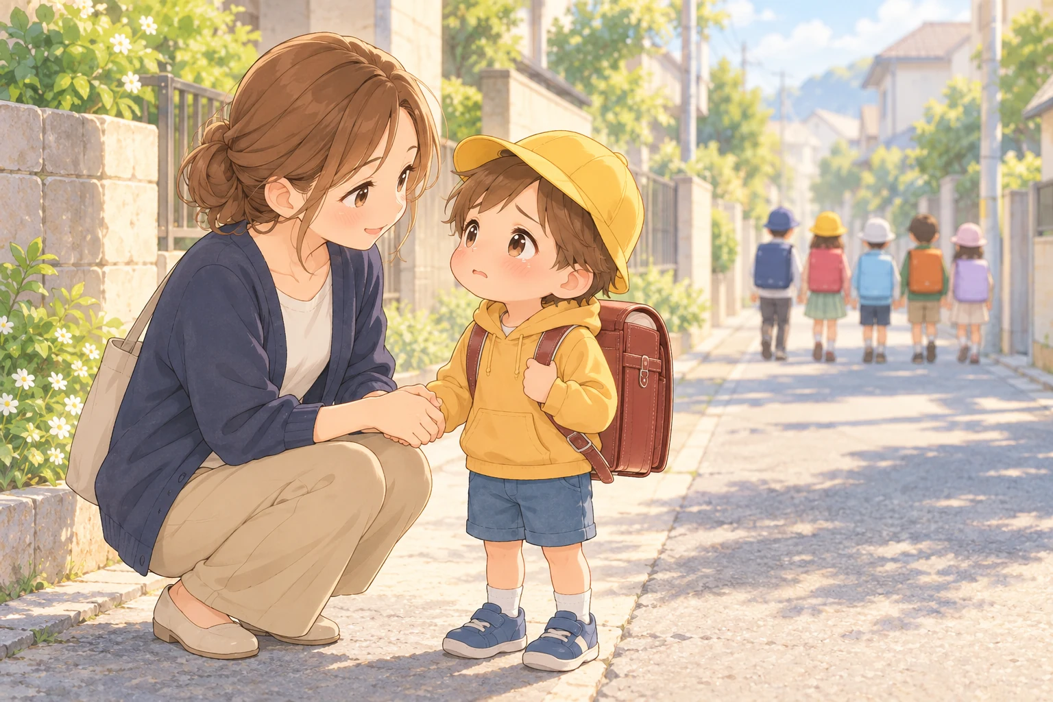 登校班の列を見送りながら、母親が男の子と手をつないで声をかける