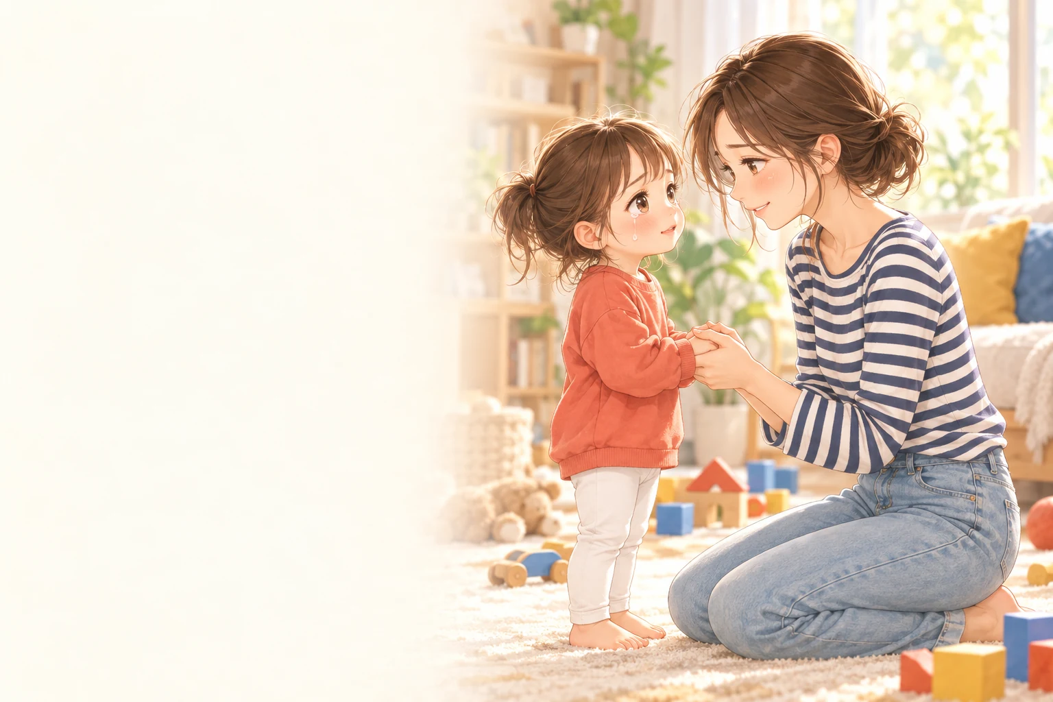 泣いたあとの子どもの手を包む母親